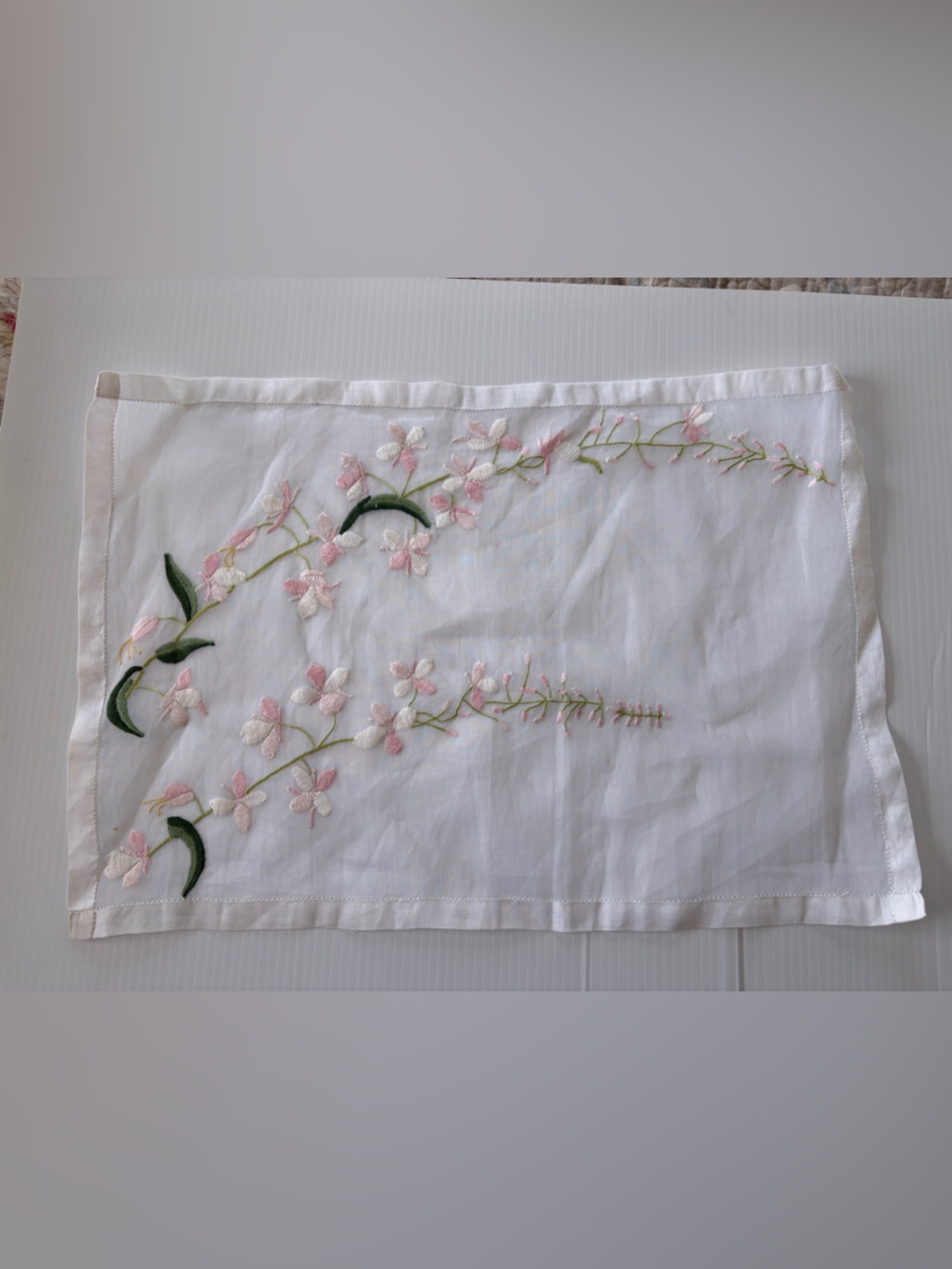 3 Vintage White Linen Hand Embroidered Floral Runners- Pink & Green Flowers